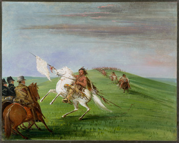 Native American forces meeting U.S. forces on horseback