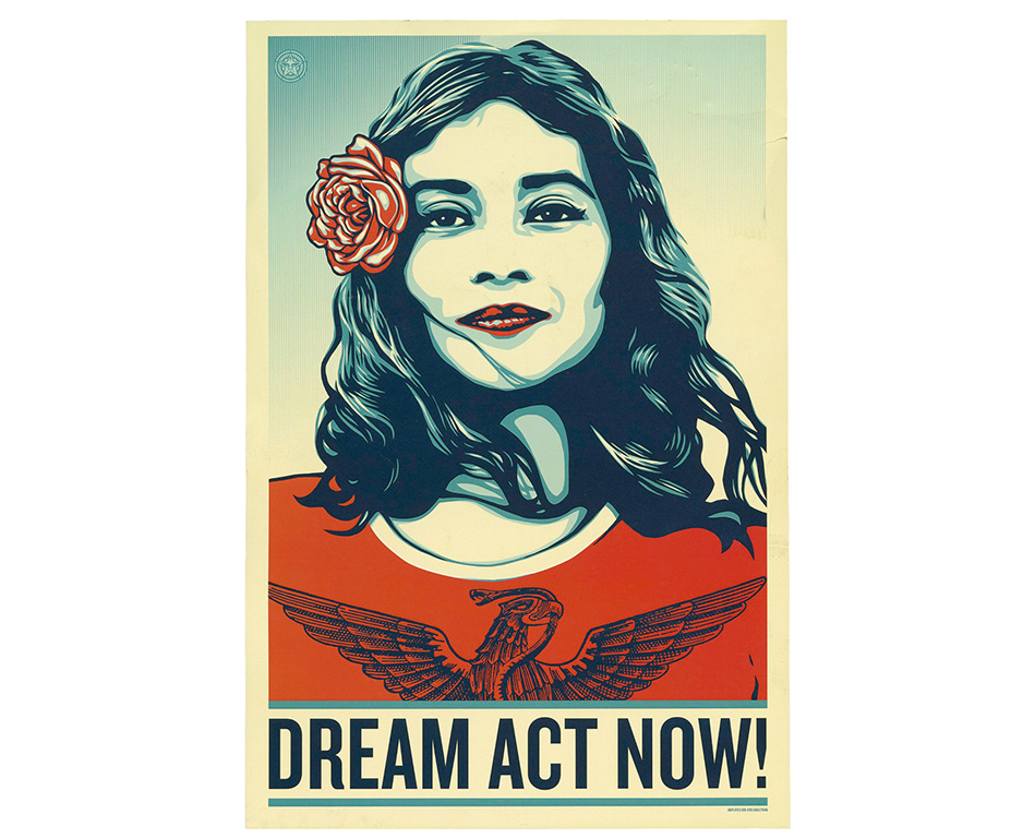 Poster with illustration of woman smiling and text, "Dream Act Now!"