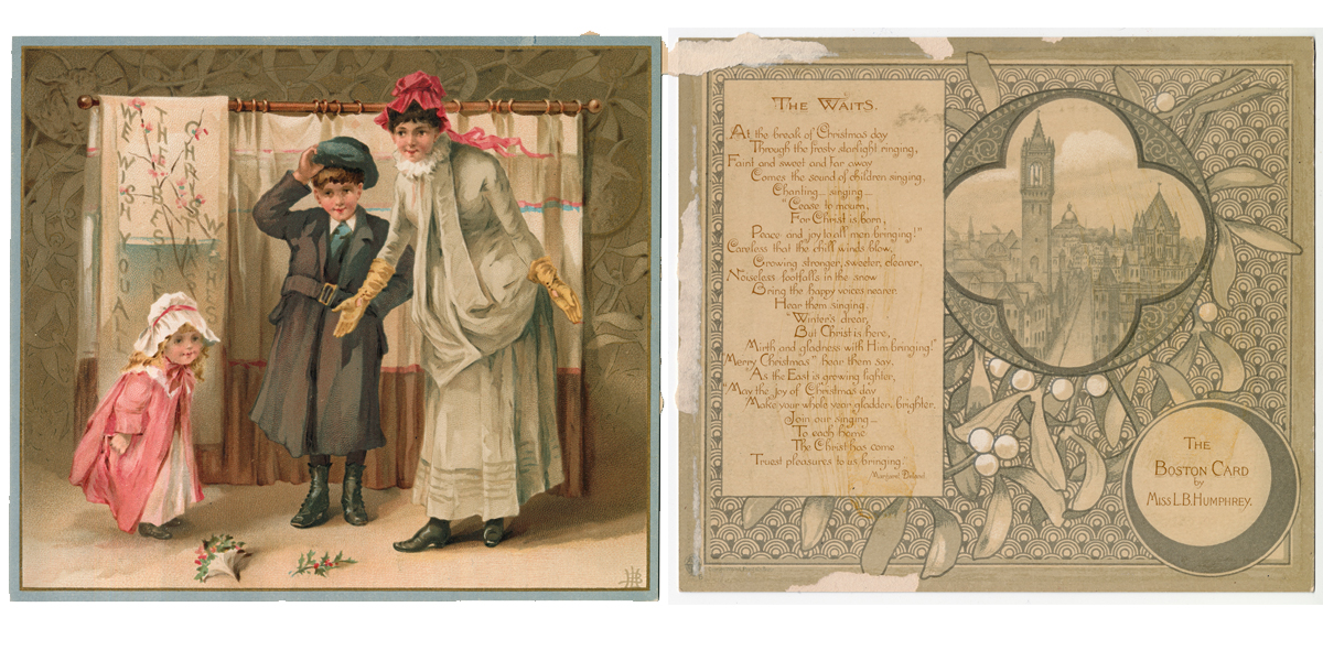 A card with three women in front of a curtain, on the reverse is a sketch of Boston and a poem.