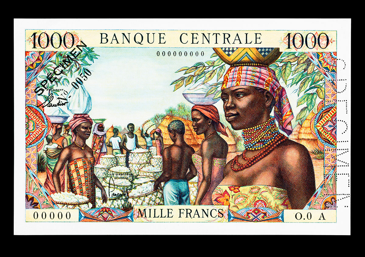 Idealized African Women, 1,000 Franc Note, French Equatorial Africa (Modern Central and Western Africa), 1963