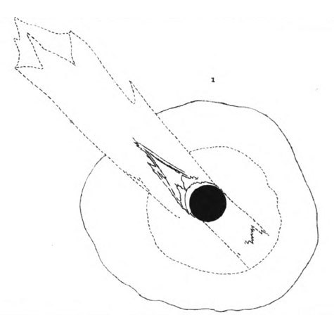 Drawing in black ink or pencil on white paper. A big circle with two small circles inside it. One is the sun. The sun has flaring lines coming out of it in one direction, at about 7 o'clock, angle-wise.