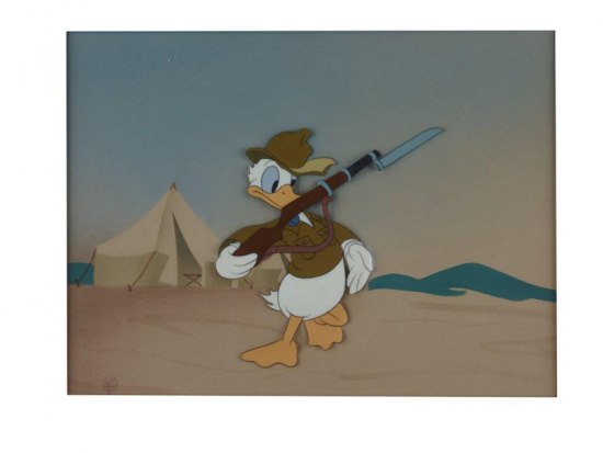 Cel shows Donald Duck in uniform holding a rifle with a fixed bayonet