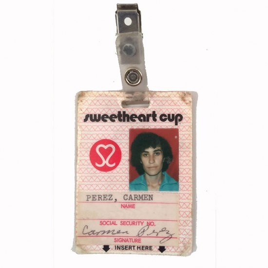 A pink ID badge for "Sweetheart Cup." Carmen Perez's name, signature, and photo is visible.