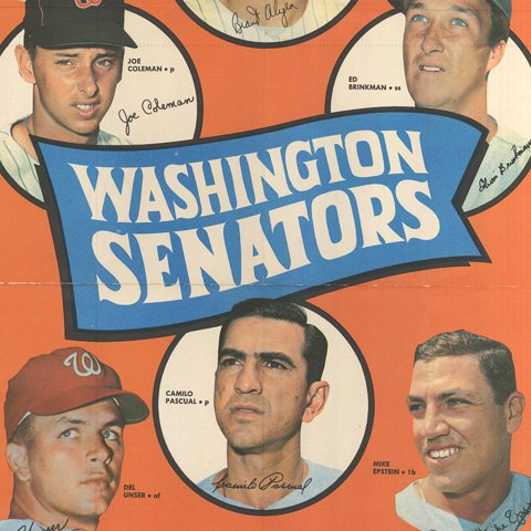 Orange and blue Washington Senators poster with headshots of players, including Camilo Pascual