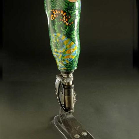 Colorful prosthetic foot with green swirls and a gecko image