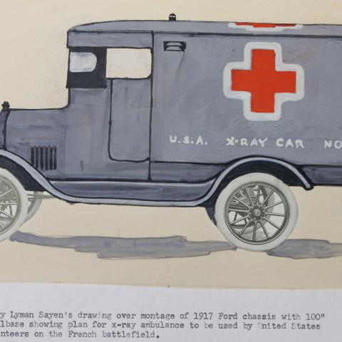 Illustration of an ambulance-style van with a red cross and text: "U.S.A. X-Ray Car No. 4"